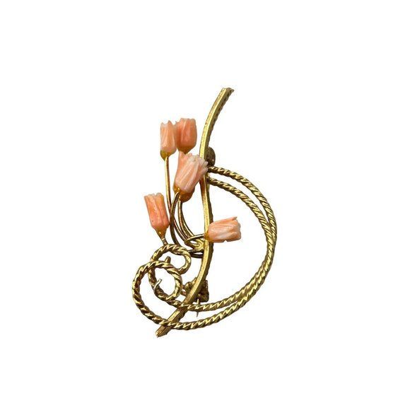 Vintage Floral Carved Coral Flowers Gold Tone Pin Brooch Small Pink Roses - Picture 1 of 6